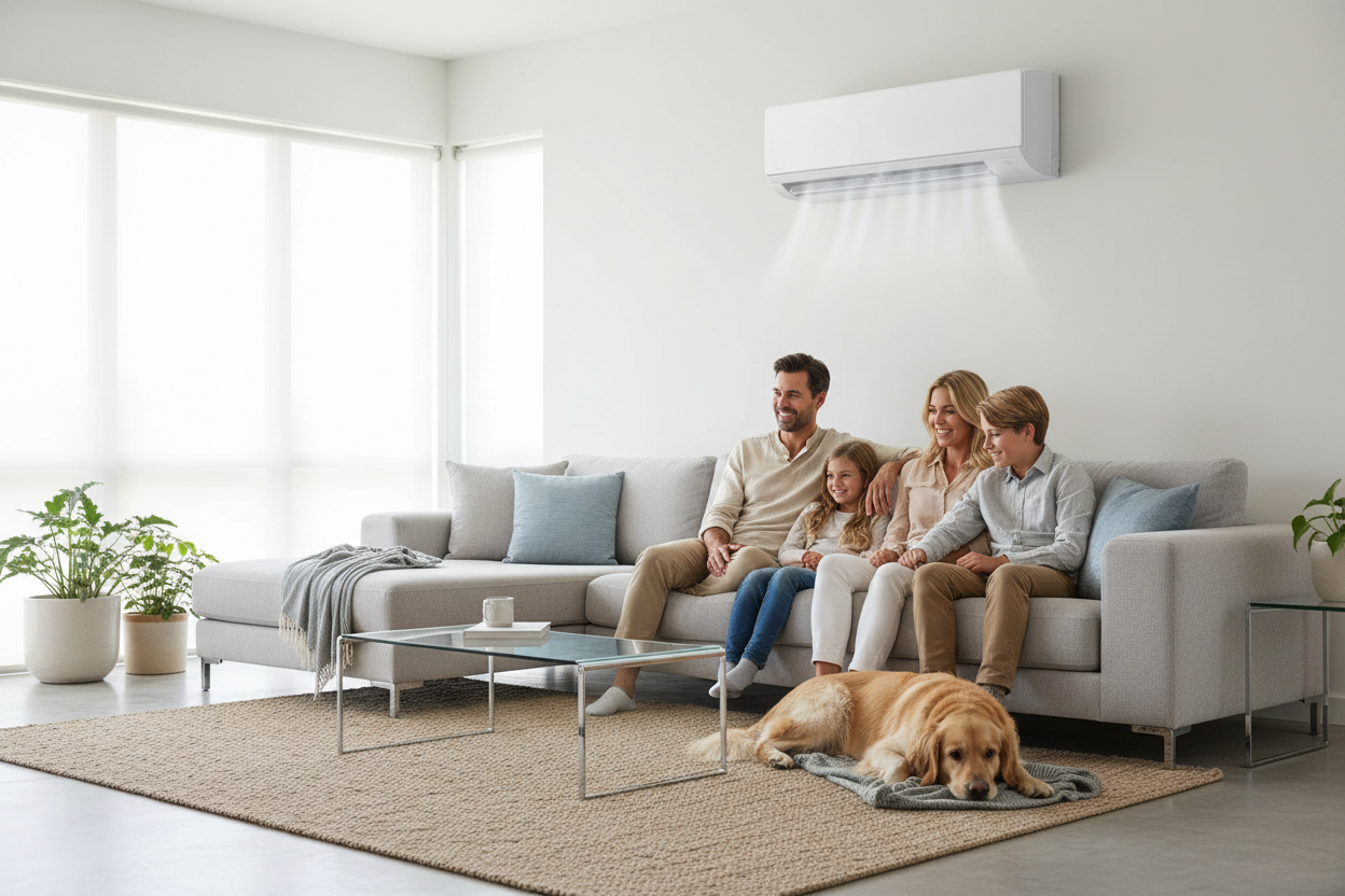 Familia con perro disfrutando clima confortable con minisplit