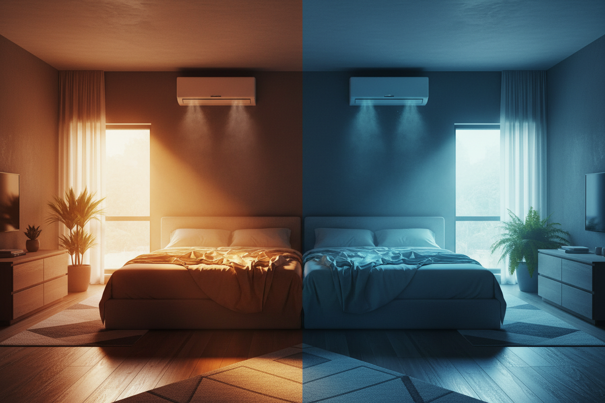 Habitación minimalista con contraste de temperatura y minisplit