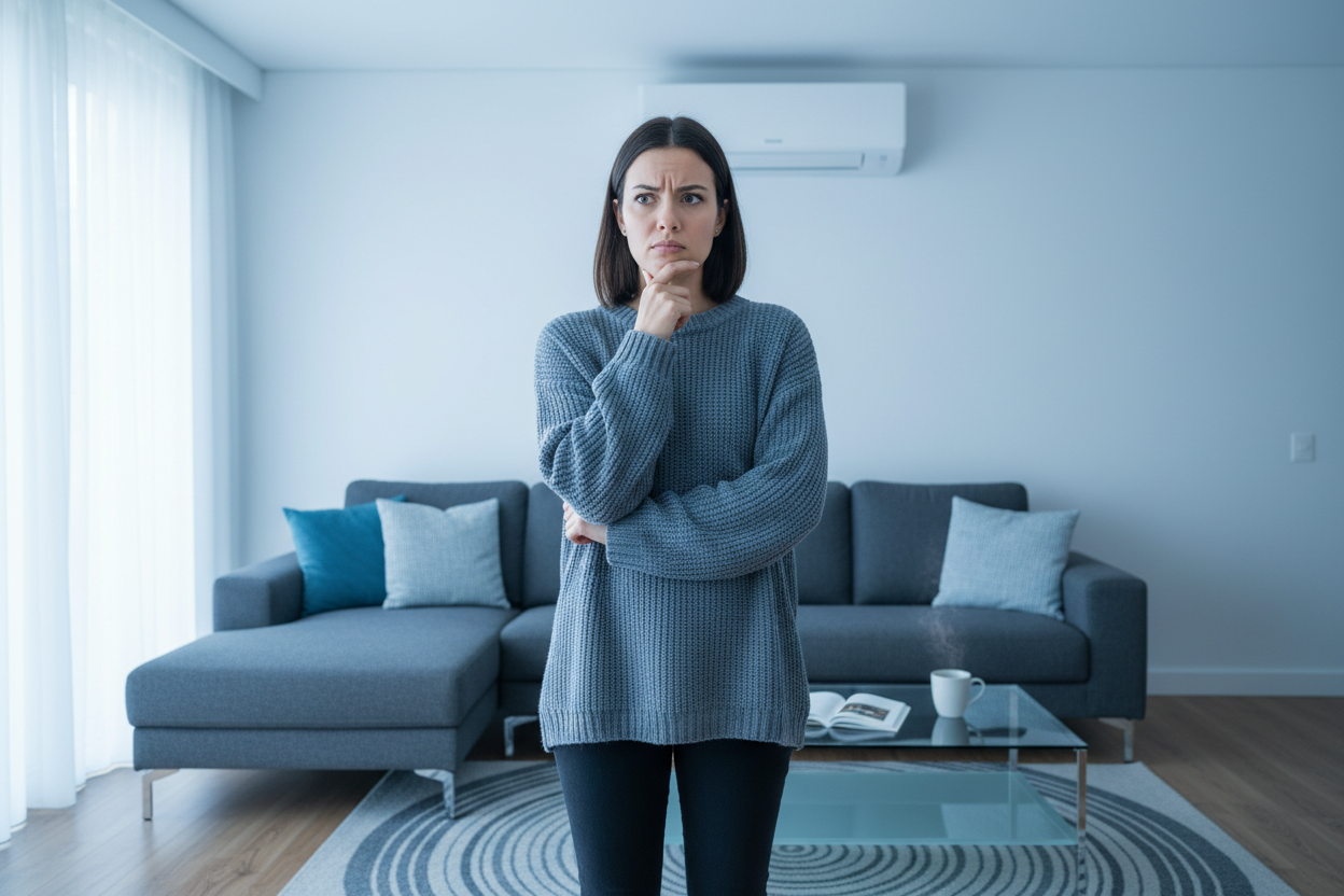 Mujer con duda en sala con minisplit