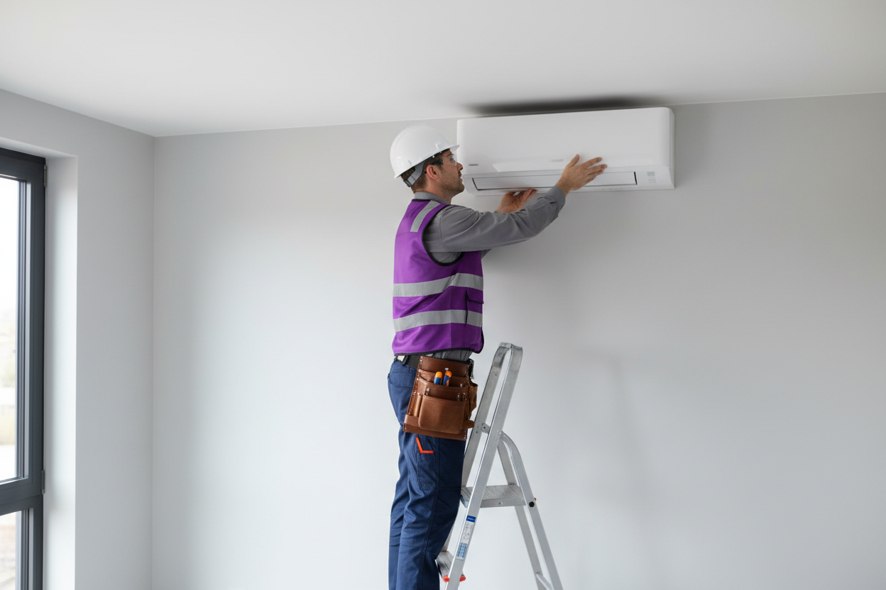 Técnico en escalera instalando minisplit